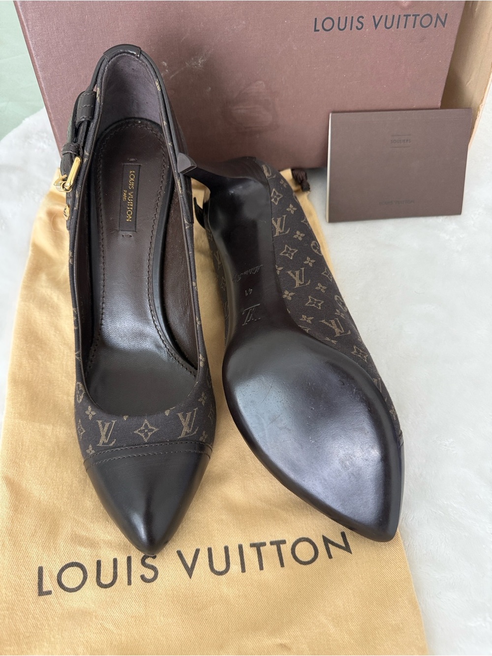 Louis Vuitton Brown Monogram Pointed Toe Heels with Gold Buckle - Picture 7 of 7